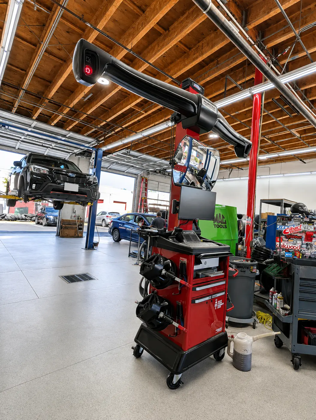 Hunter alignment console and camera arm on the shop floor
