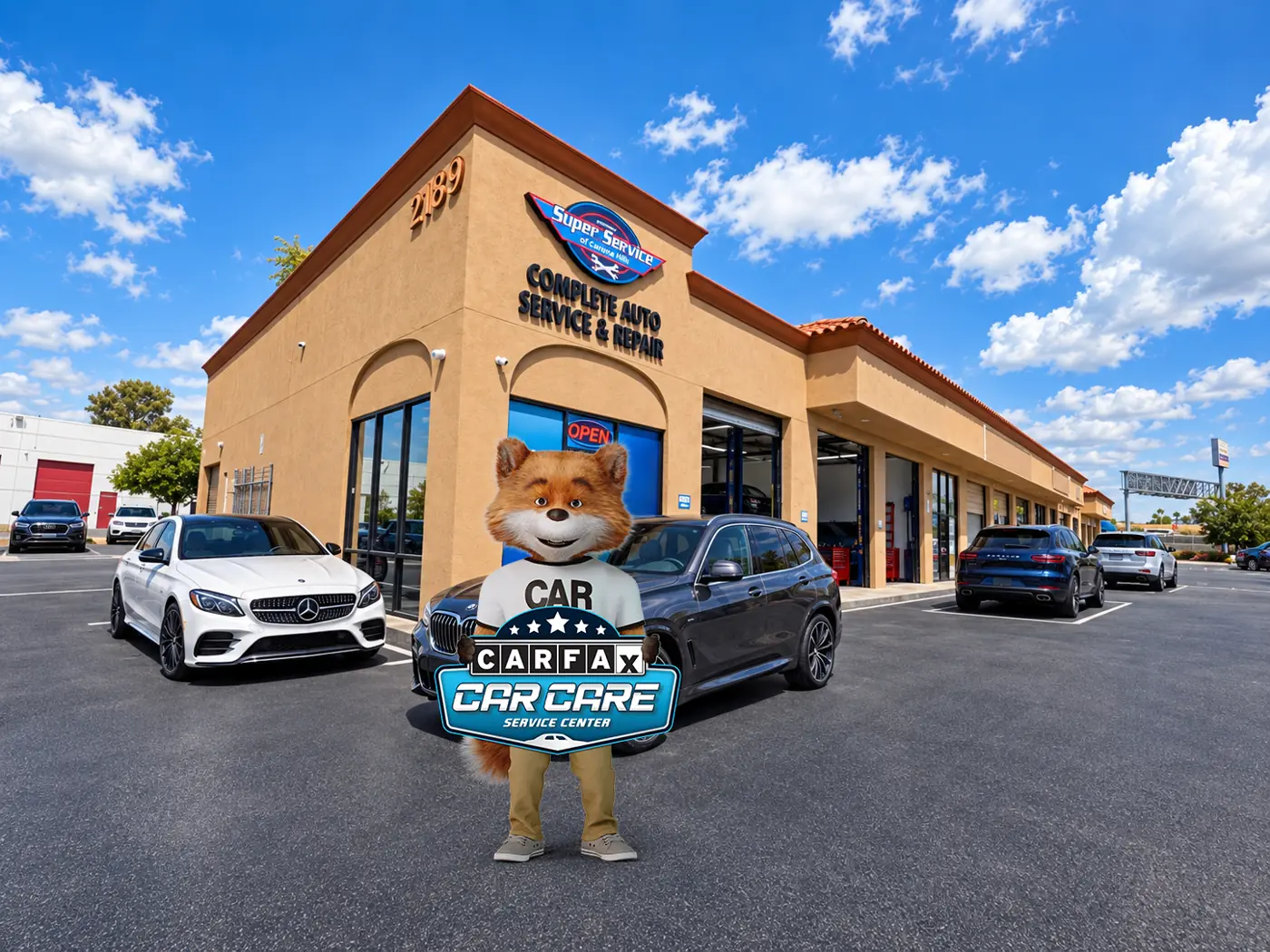 Super Service of Corona Hills storefront at 2189 Sampson Avenue with the CARFAX Car Care Service Center mascot out front